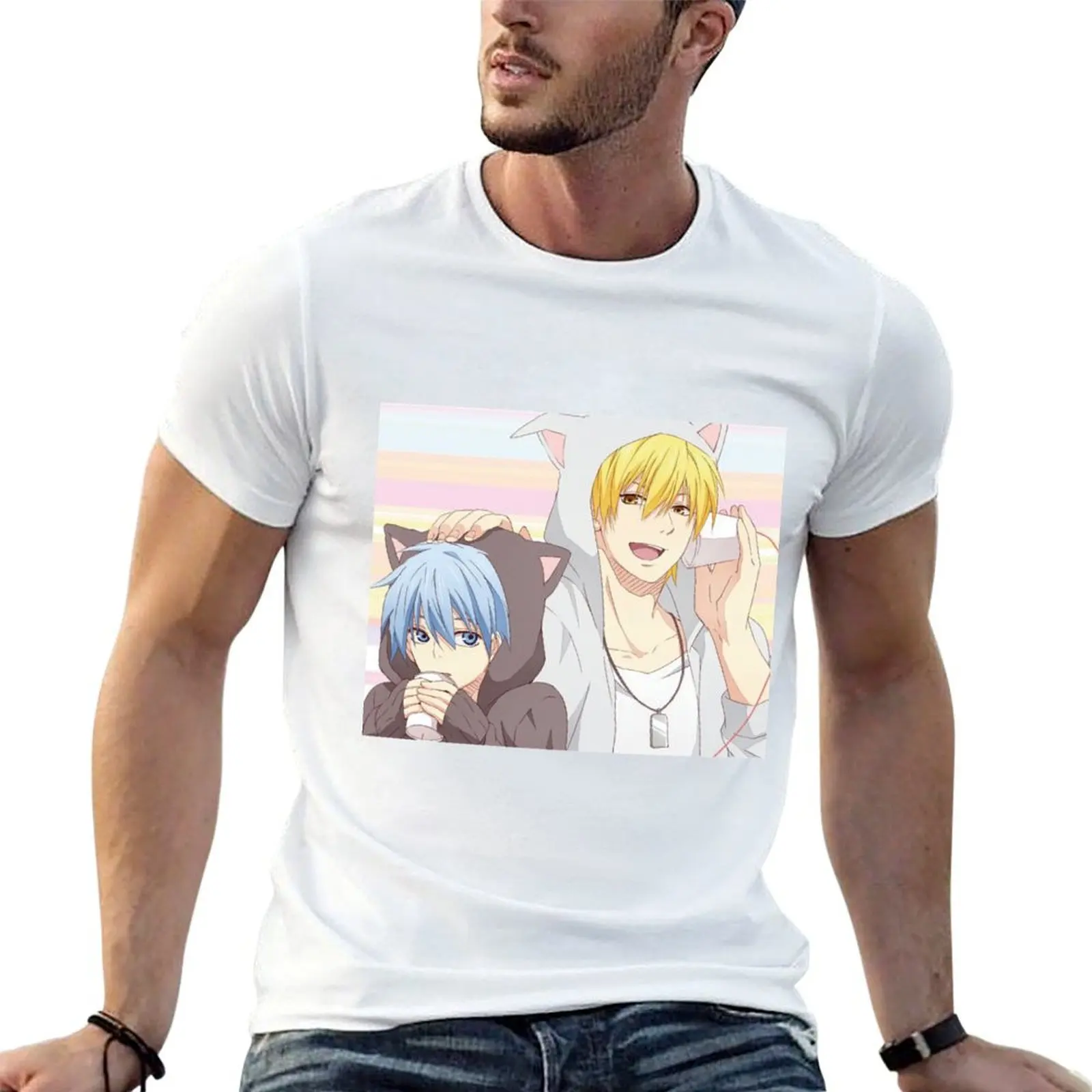 Kuroko's basket Artwork - Tetsuya Kuroko and Ryota Kise dressed as cats T-Shirt Plus Size Simple Casual Top