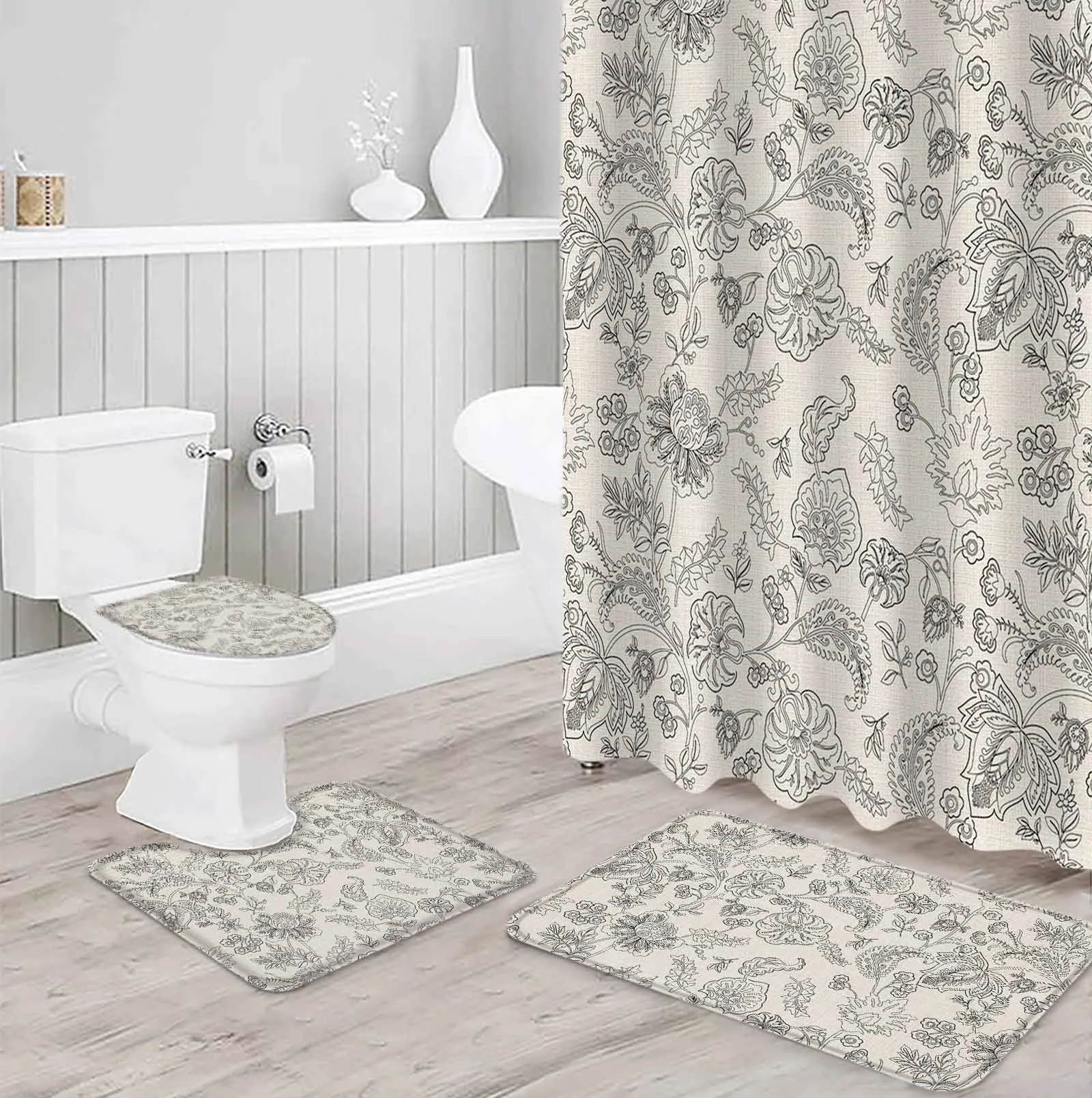 Vintage FloralTexture Polyester printed shower curtain bathroom set,luxurious curtainsabstract 4-piece setcoral fleece floor mat