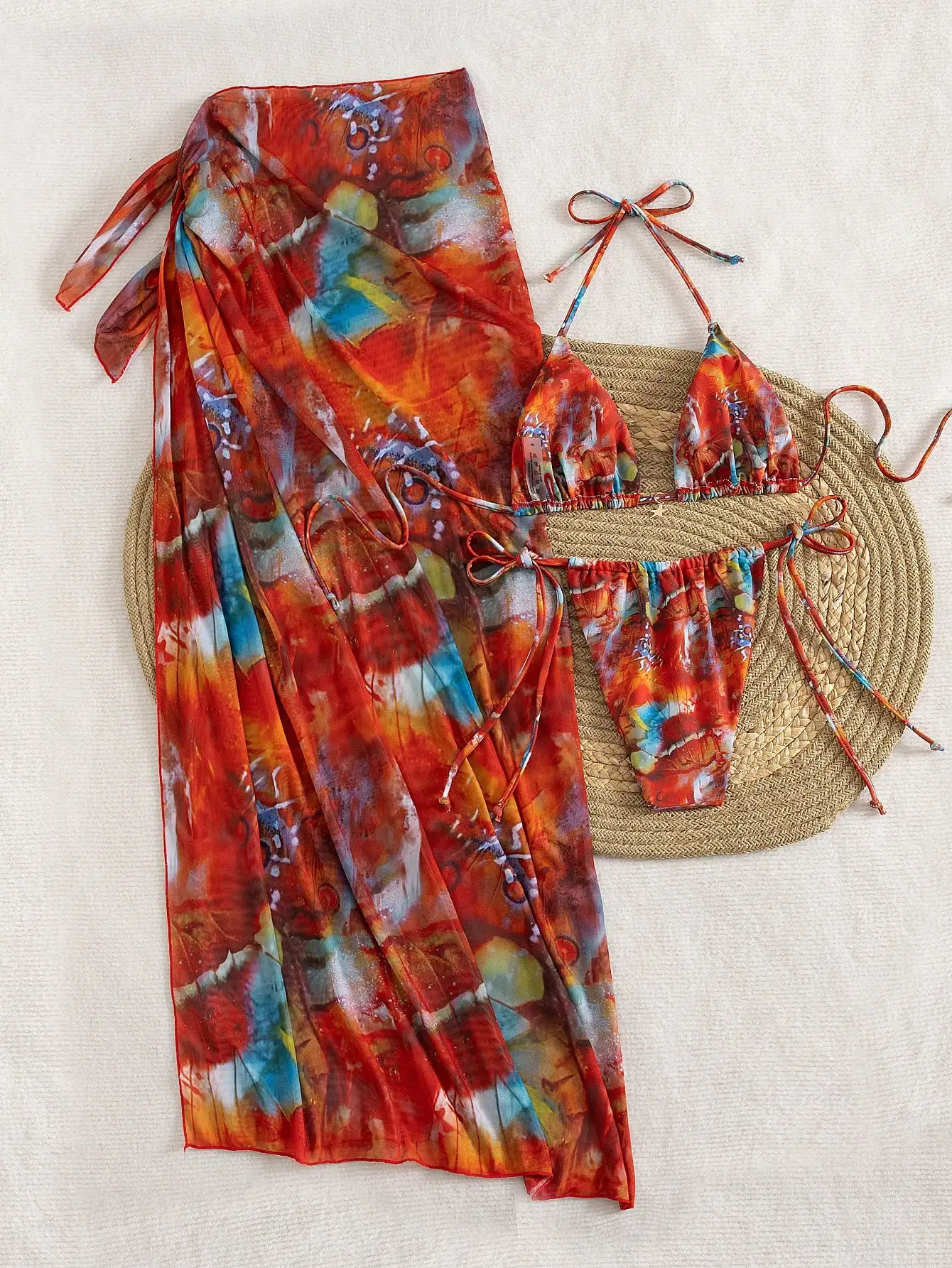 

Женский сексуальный комплект бикини с абстрактным принтом, завязками на спине и сетчатой юбкой, 3 предмета