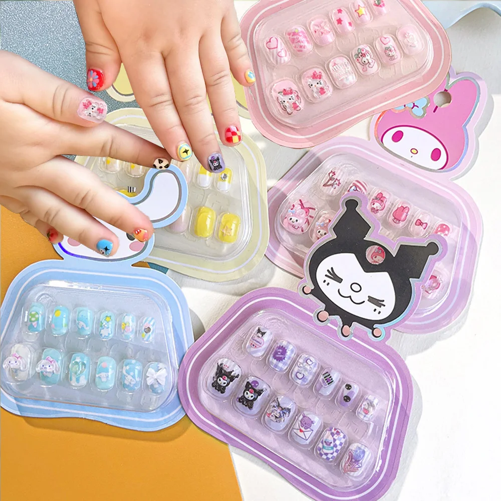 12pcs Kids 3D Stereo Sanrio Fake Nails Patch Sweet Girls Cute Cartoon Hello Kitty press on nails Kuromi Child Wearable FalseNail