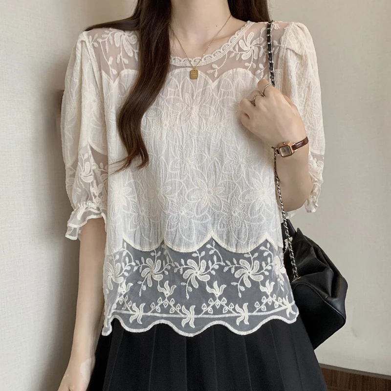 Sheer Floral Embroidery Lace Top Puff Sleeve Blouse for Women Spring Summer Korean Fashion Chic Outfit