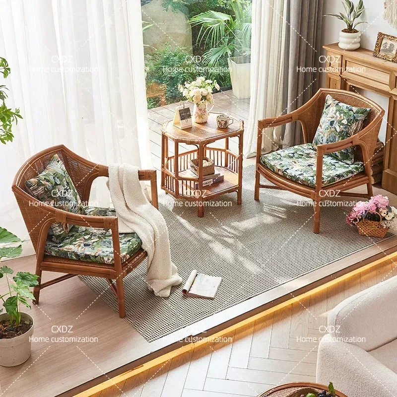 Real Rattan Sofa Chair 3 Piece Set Outdoor Living Room Backrest Courtyard Leisure Table Balcony