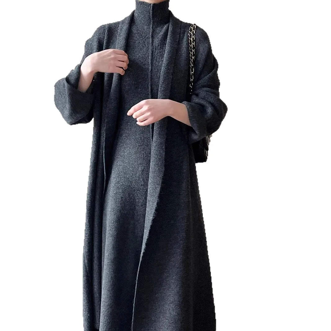 Patchwork Cardigan For Women Long Coat And High Neck Dress Set Long Sleeve Two Piece Loose Fit Casual Autumn Winter view 6