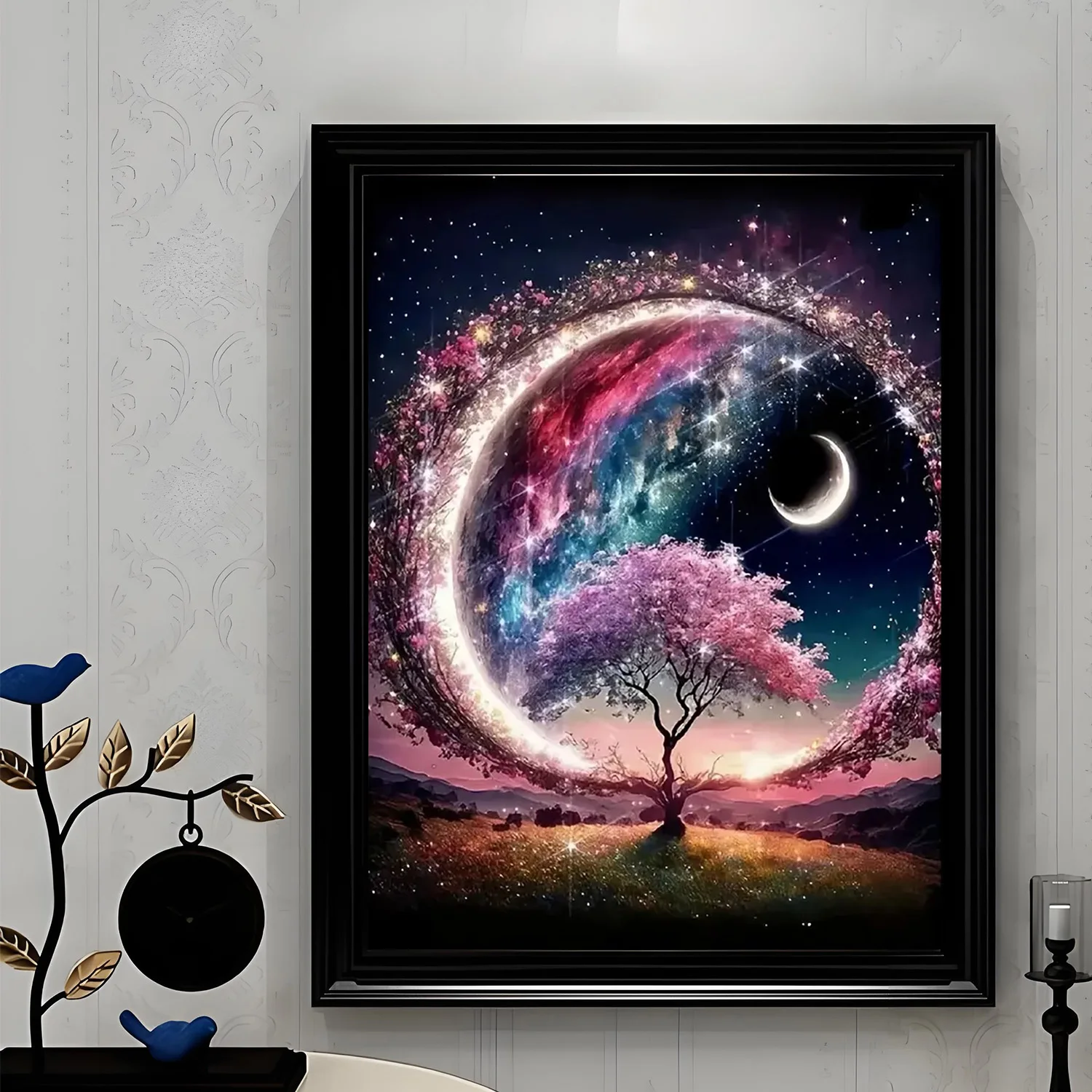 Pink Starry Sky and Tree Pattern DIY Diamond Painting Kit, Frameless Full Diamond Art, Multiple Sizes to Choose From