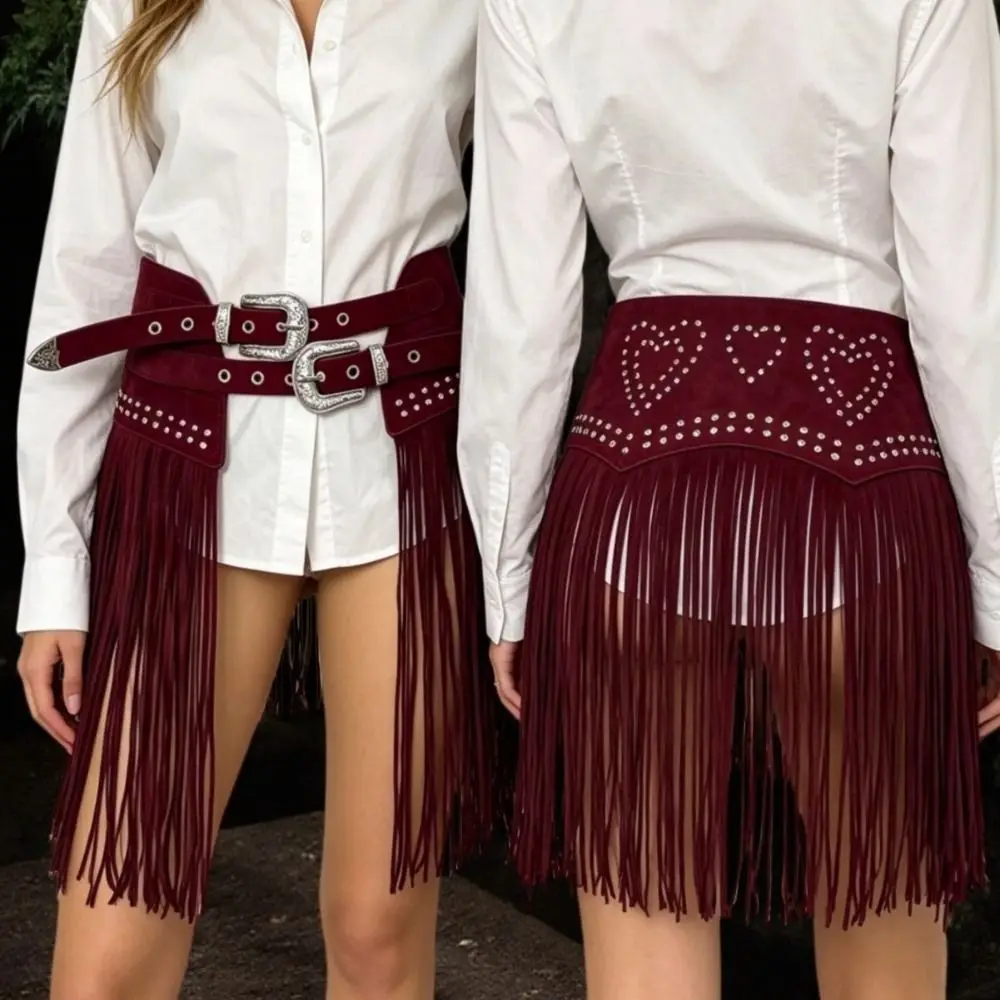 Classic Soft Matte Look Western Waist Belt Suede Material Rivet Decor Double Buckle Belt Extra Wide Skirt Belt Y2K Fashion