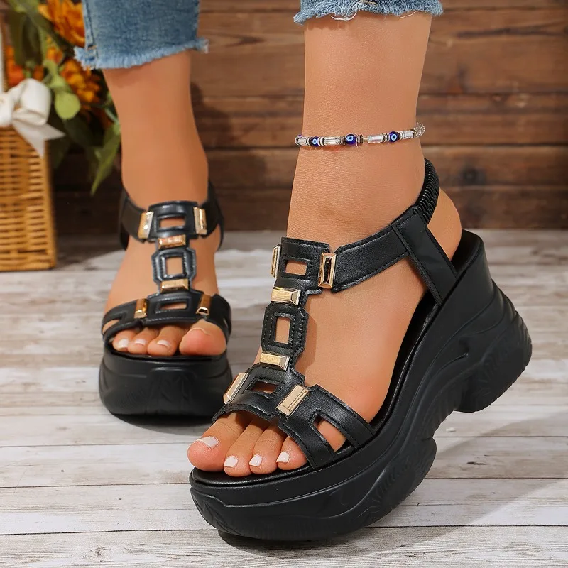 Summer New Thick Bottom Slope Heel Women's Sandals Fashion Hollow Metal Decor Comfort Casual Women Shoes Босоножки Женские