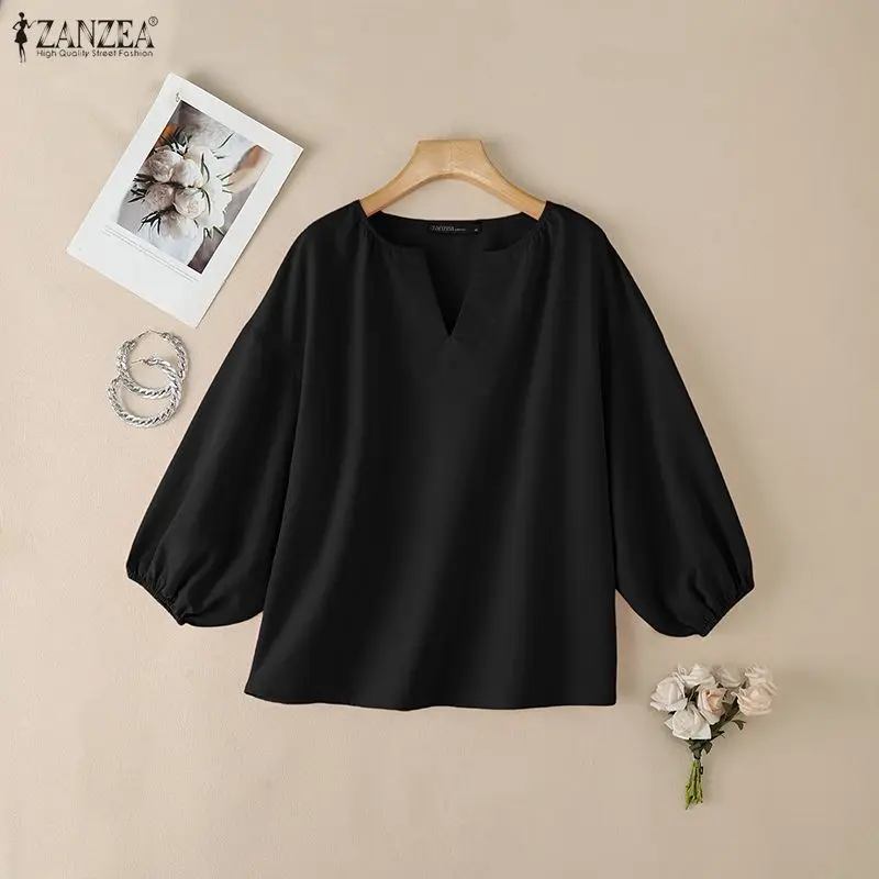 Fashion Women Blouses Solid ZANZEA Summer Spring 3/4 Sleeve Tops V Neck Streetwear Tee Oversized Blusas OL Work Party Blouse