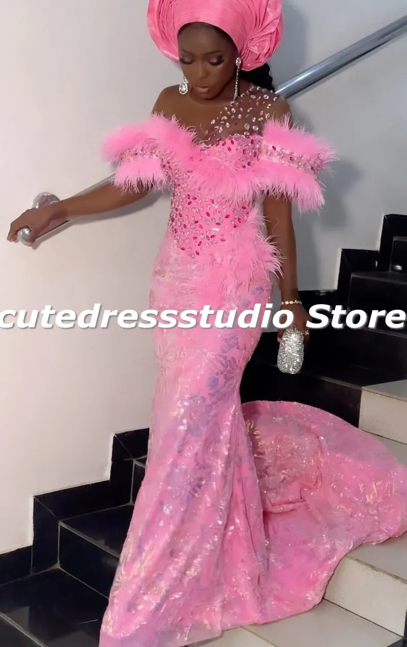 Ankara Pink Evening Dresses Feathers Owanbe Style Mermaid Prom Gowns Sequin Beading Wedding Reception Party Dress Customized