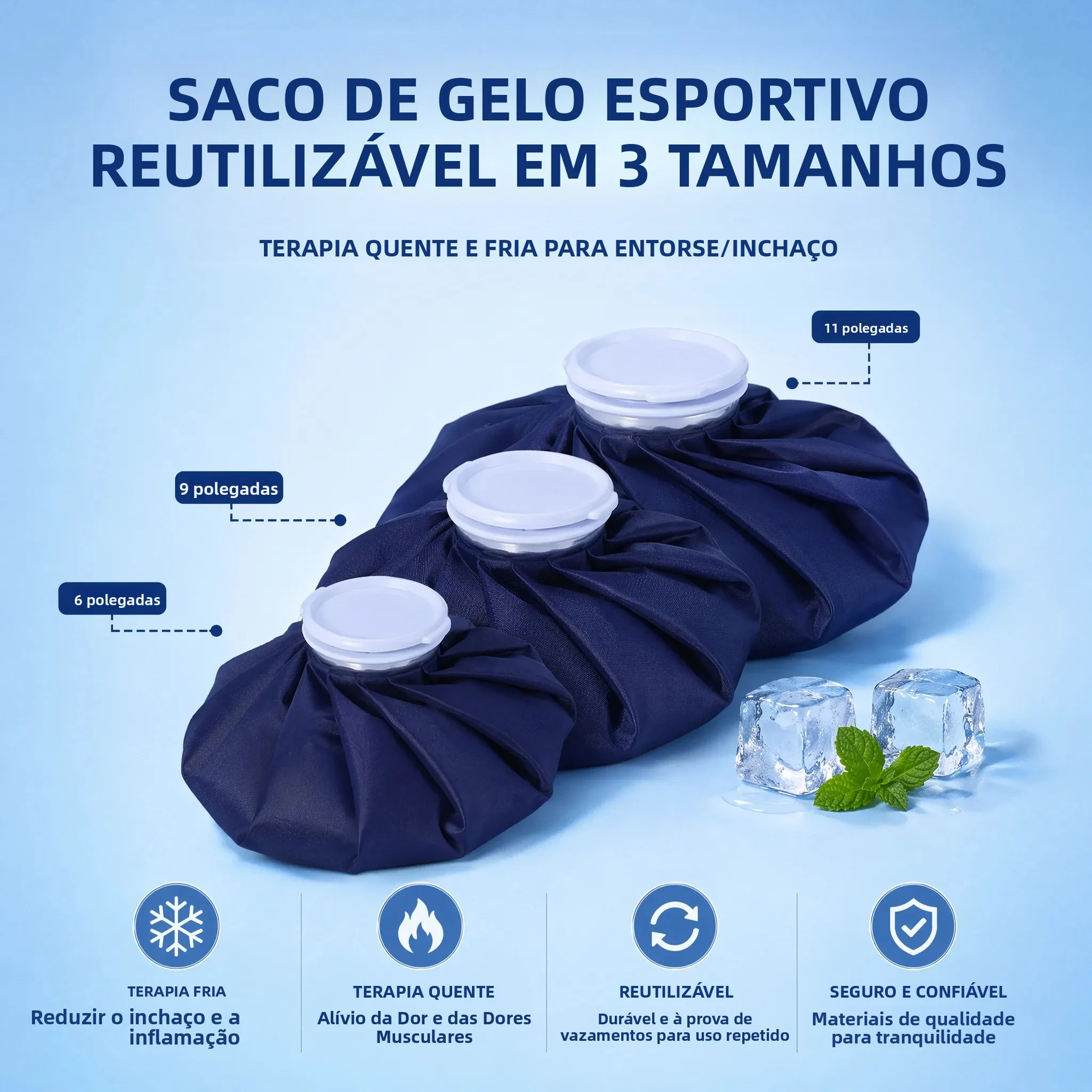 Bolsa de Gelo Reutilizável para Terapia Quente e Fria, Bolsa de Gelo Impermeável de 6/9/11 Polegadas para Lesões, Alívio da Dor, Febre, Dores Musculares, Esportes