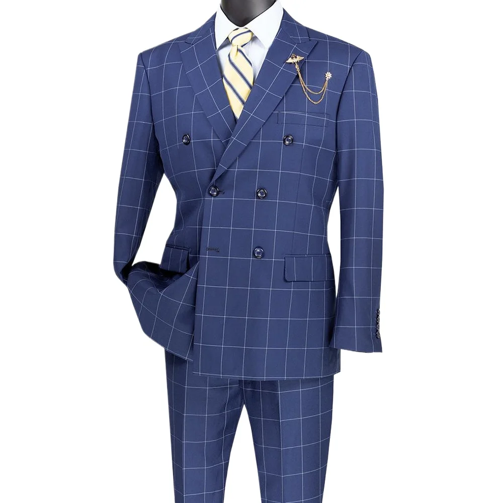 

Chic Blue Grid Pattern Double Breasted Peak Lapel Two Pieces (Jacket+Pants) Wedding Formal Office Fashion Man Sets