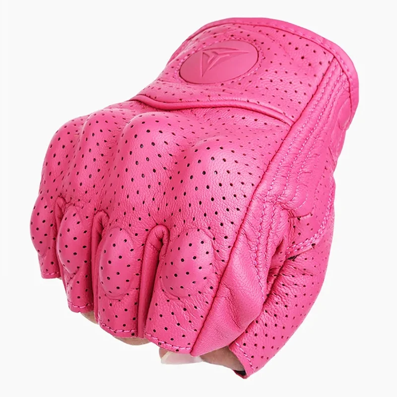 Summer Half Finger Short Gloves Leather Motorcycle Gloves Women Girl Female Breathable Vintage Pink Yellow Guantes Gants Luvas