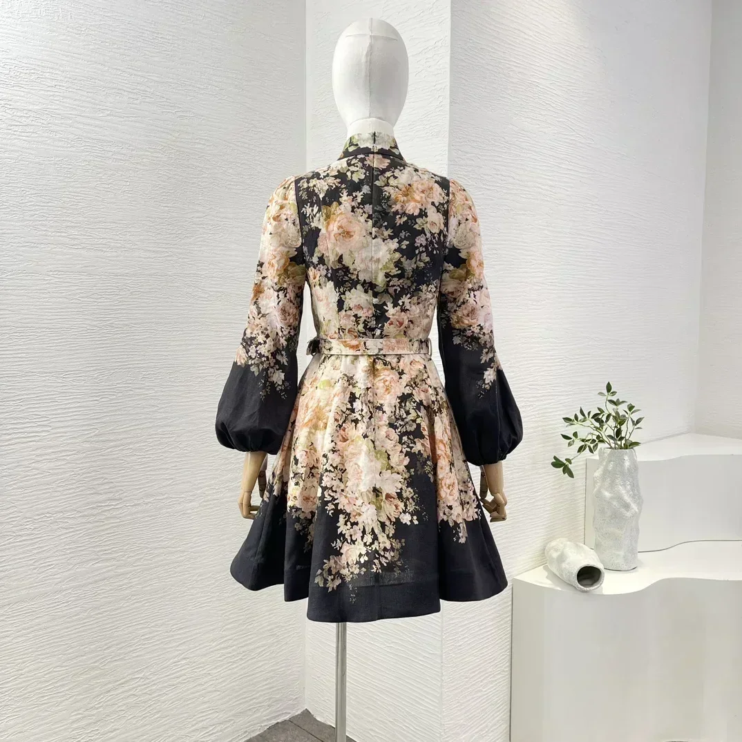 2024 New Hot High Linen Quality Autumn Cream Pink Rococo Flowers Print Long Sleeve Mini Dress for Women