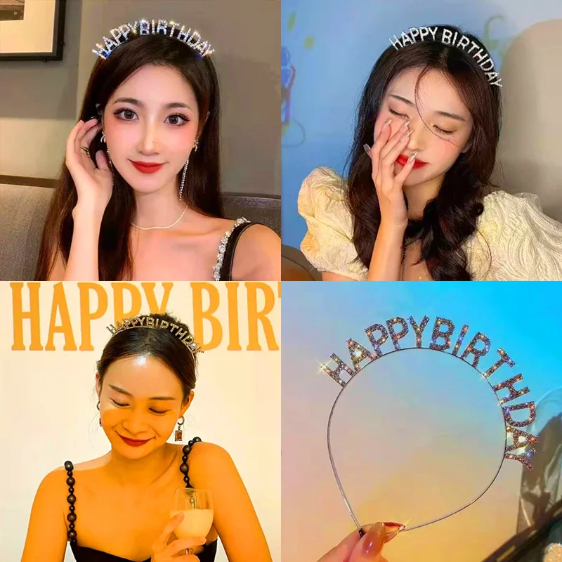 Iron/Alloy Material Happy Birthday Headband for Women Party Jewelry Shiny Rhinestone English Letters Popular Hair Accessory