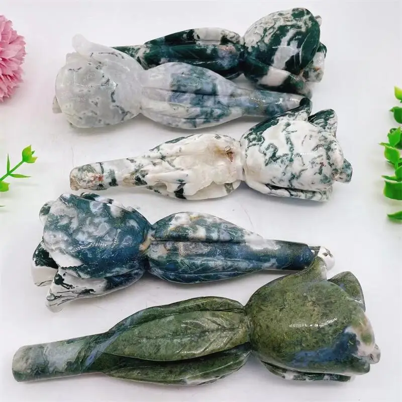 Natural Moss Agate Rose Flower Carving Crystal Crafts Children Birthday Present Fashion Home Decoration Gift 1pcs