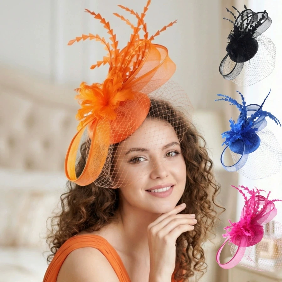 Women Bridal Tulle Feather Fascinator Elegant Face Veil Mini Hat Party & Ball Hair Accessories