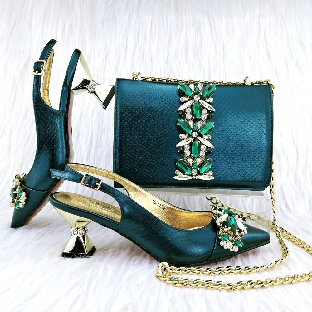 

High Grade D.green Women Pointed Toe Shoes Match Handbag With Crystal Decoration African Dressing Pumps Set MM1139,Heel 6.8CM