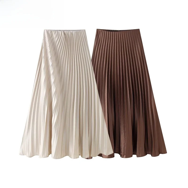 

ZBZR Spring New Women's Faion Silk Satin Texture Midi Skirt High Waist Pleated Versatile Sli Commute Polyester Fiber