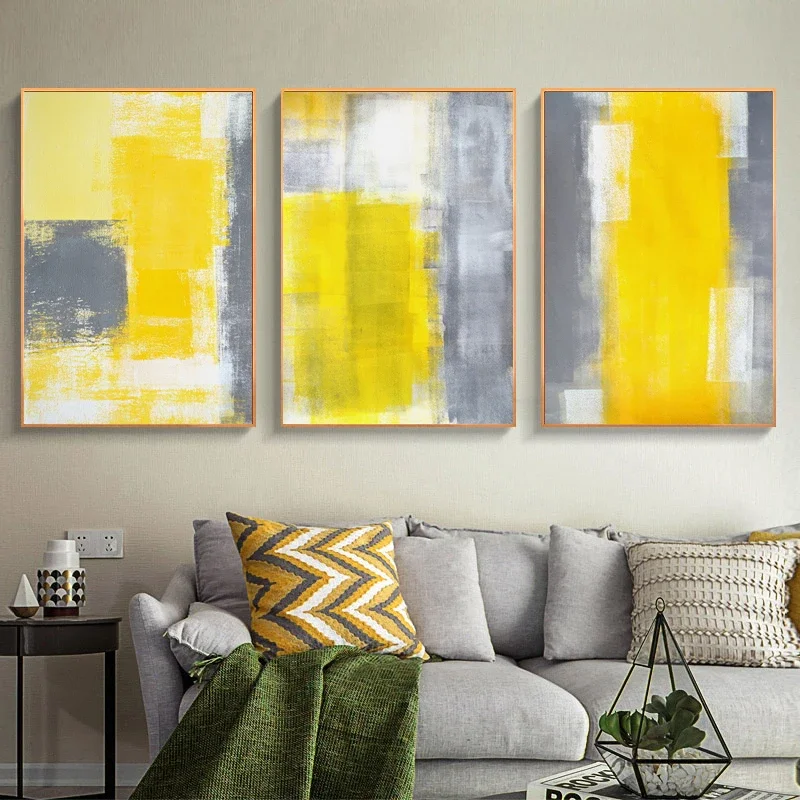 Modern Abstract Wall Art Oil Painting Yellow Gray White Textured Color Block Poster Prints Home Bedroom Living Room Decoration