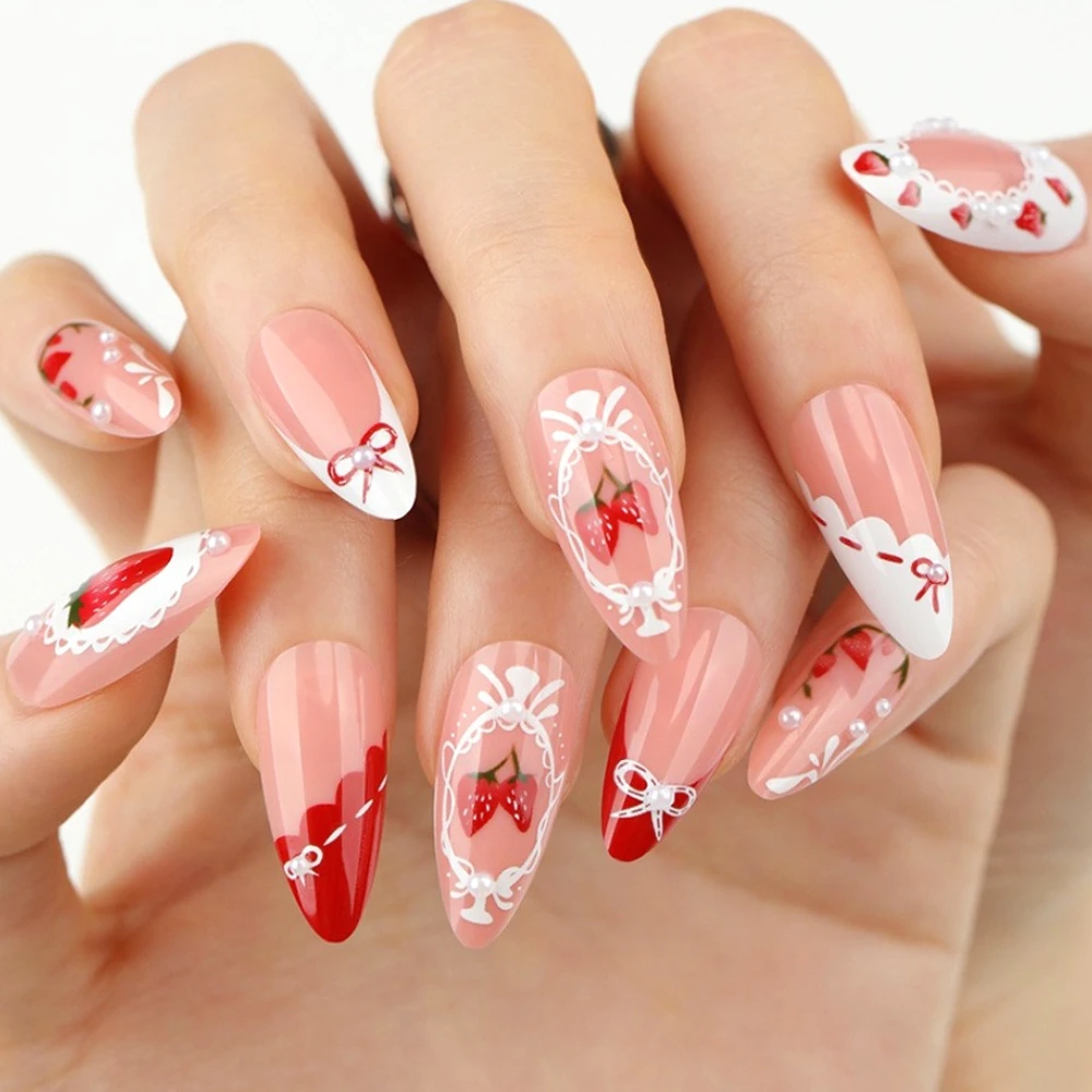 

Sweet Cute Strawberry Bowknot Pearl Red White French Nail Art Wearable False Nails Detachable Finished Fake Nails Press on Nails