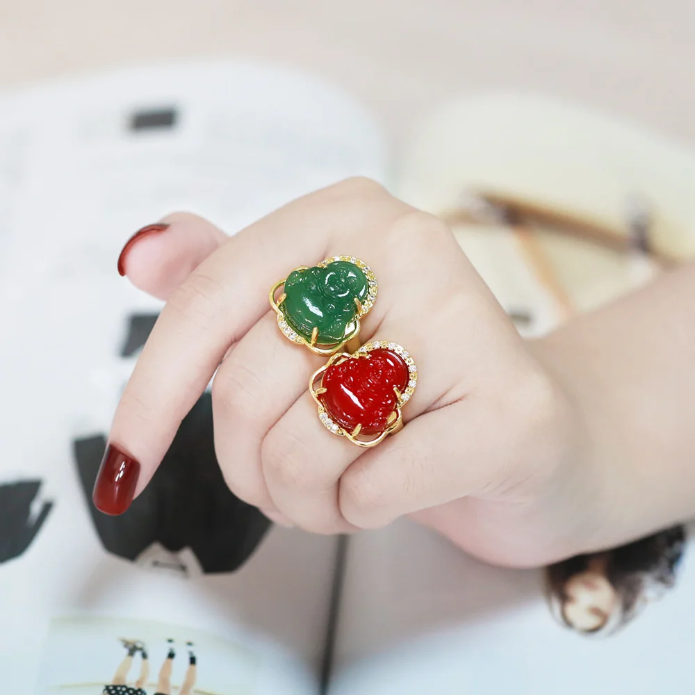 Clearance Glass Maitreya Buddha Ring for Women Copper Gold Plated Multiple Color Open Rings Buda anillos mujer rigr22 view 4