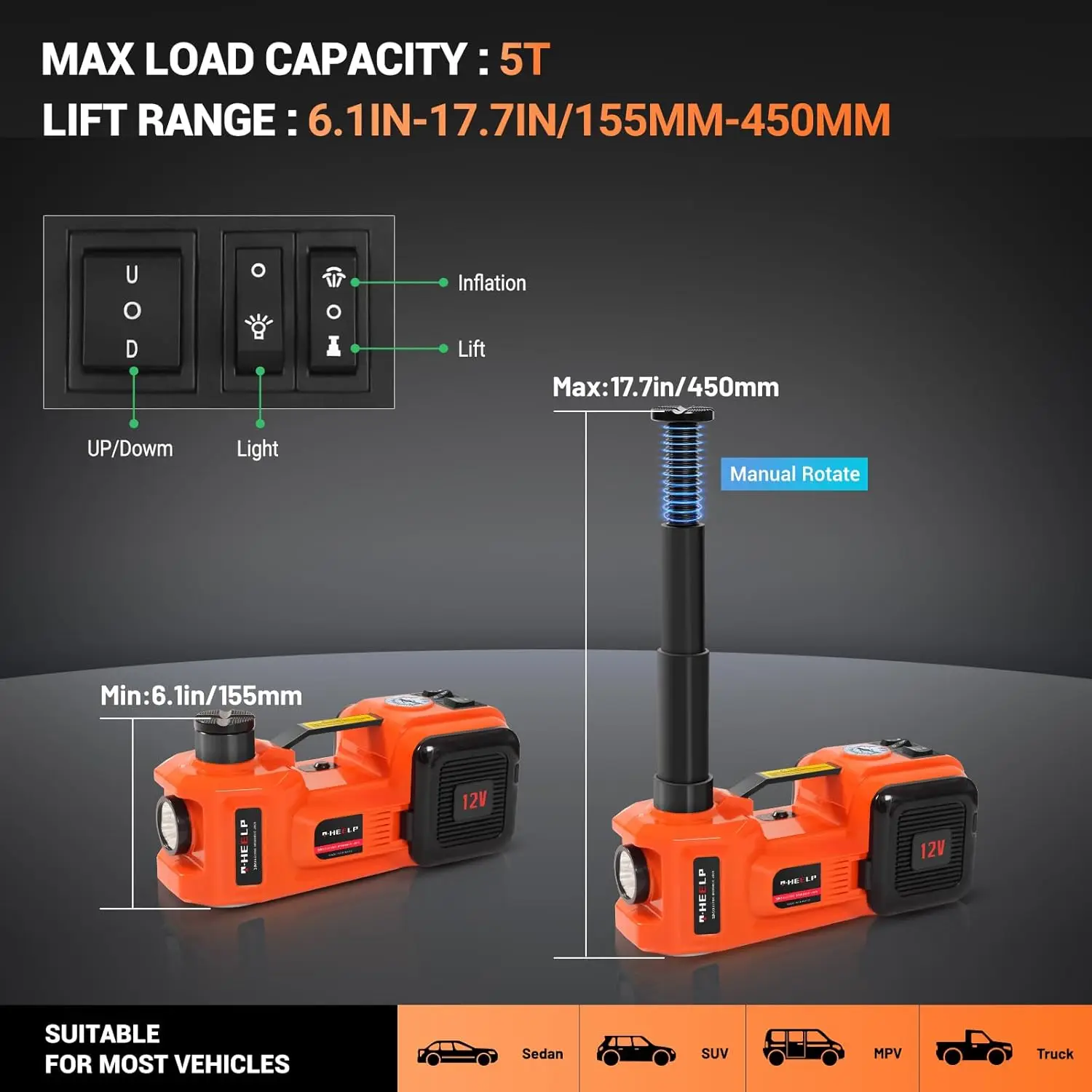 طقم جاك سيارة كهربائي 5 طن 12 فولت هيدروليكي (نطاق الرفع: 6.1 ~ 17.7 بوصة) مع مقبس كهربائي منفاخ لتغيير سيارة SUV Sedan MPV #5