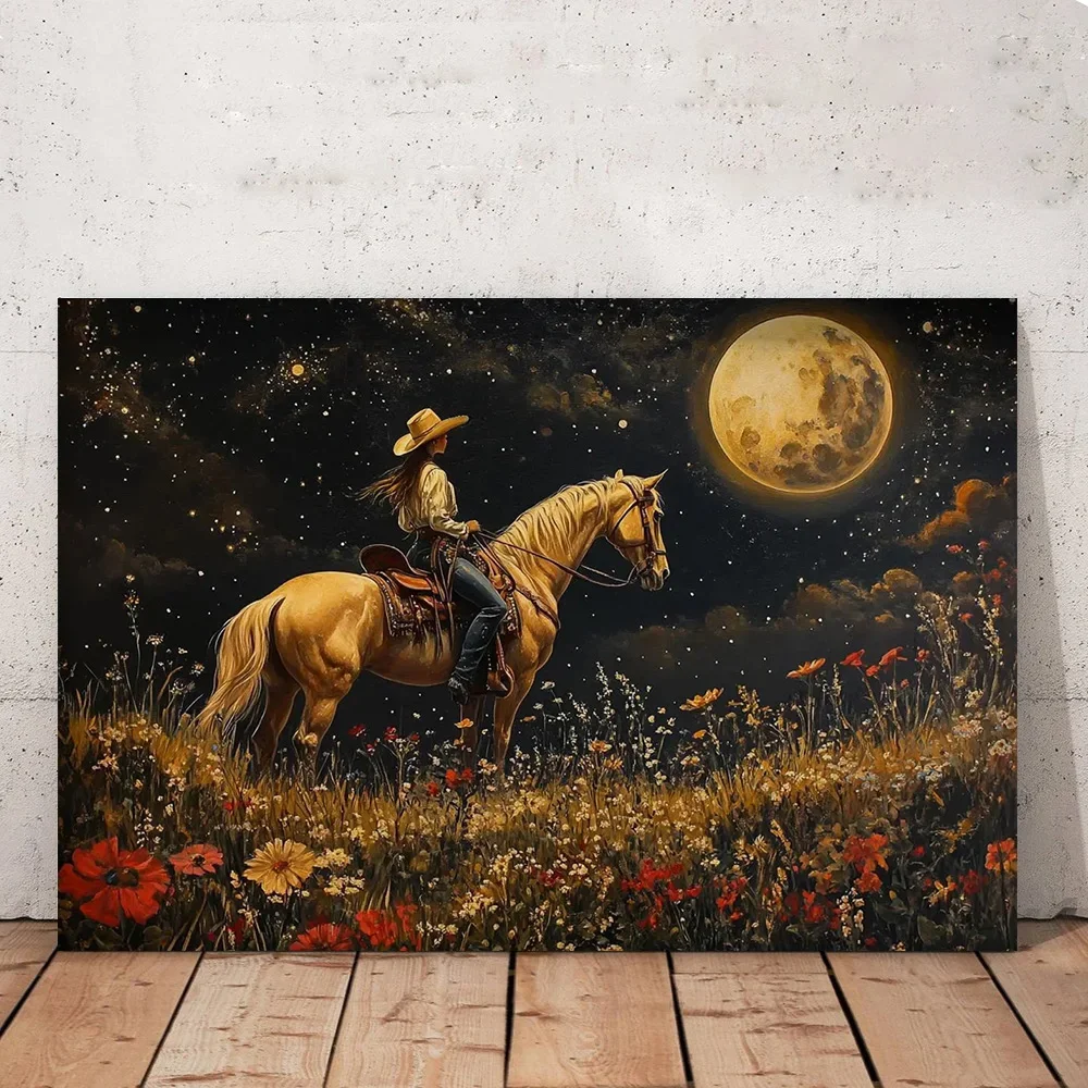 Multiple sizes 1pc frameless Canvas Painting,Cowgirl Rides Horse Starry Night Wildflowers Poster and Prints Canvas Painting Wall