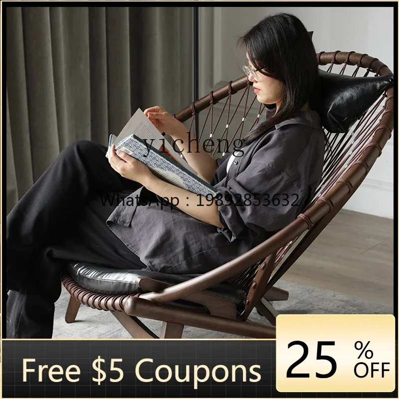 

W3-21 single leisure chair peacock pull rope line armchair solid wood balcony lazy recliner