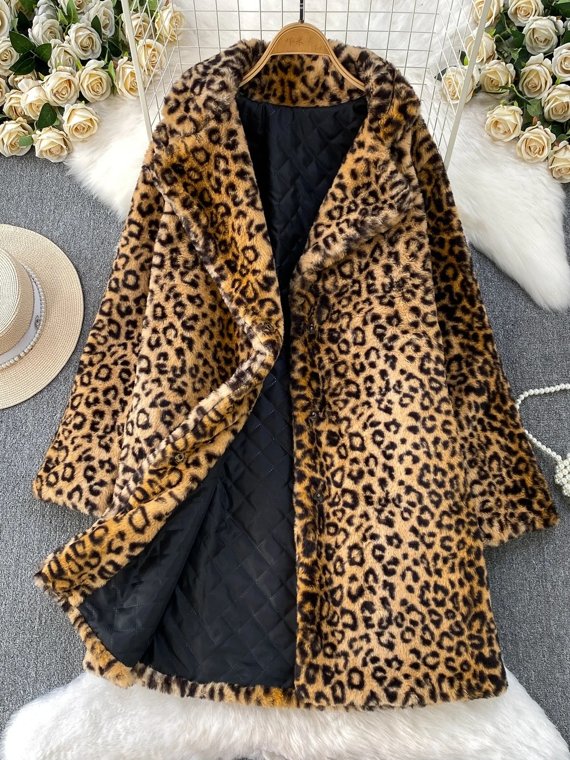 Ele Thiened معطف فرو منك طويل بطبعة الفهد للنساء شتوي Jaet ملابس خارجية أصلية فضفاضة