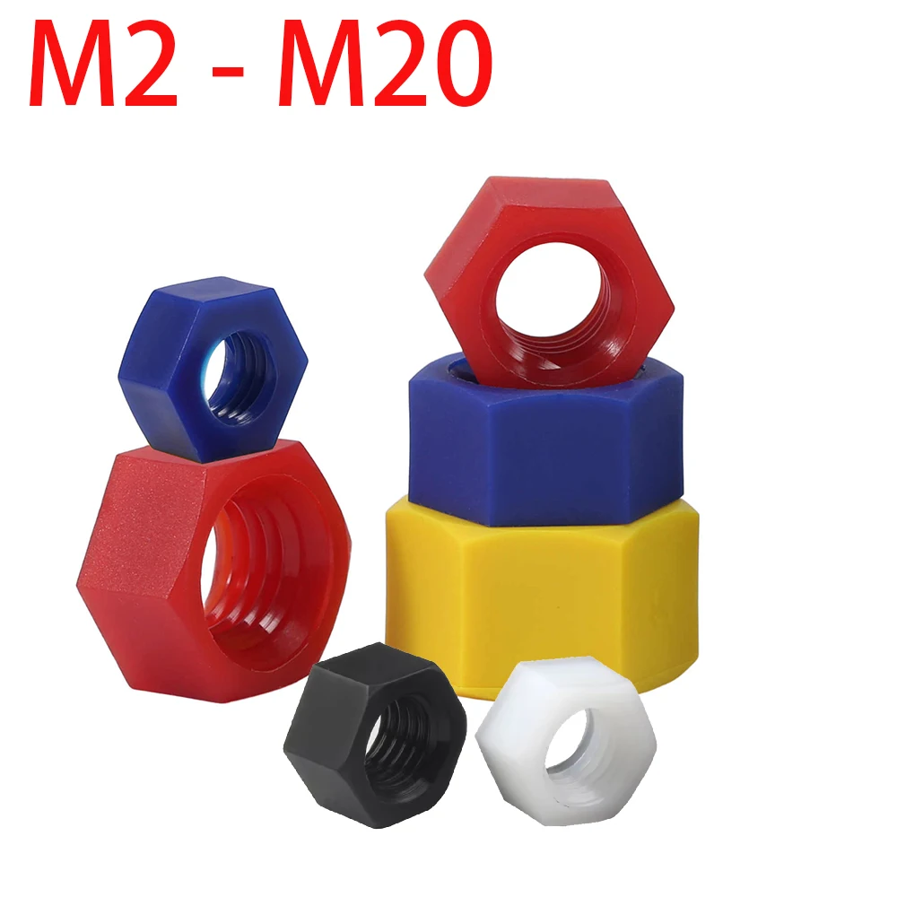 5-100pcs M2 M2.5 M3 M4 M5 M6 M8 M10 M12 M14 M16 M18 M20 Plastic Nylon Hexagon Nut Black / White / Red / Blue / Yellow