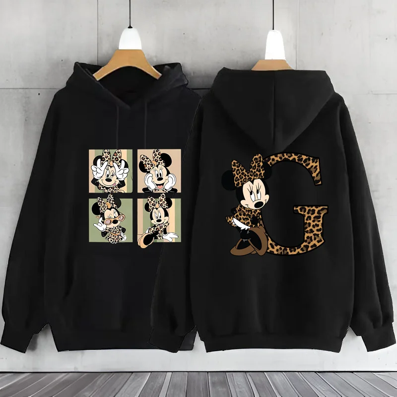 Leopard Minnie Mouse A-Z 26 English Letters Hooded Sweatshirt Woman Clothing Hoodie Long Sleeve Women\'s Sweatshirts Y2k Clothes