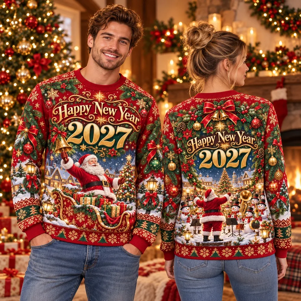 Funny Santa Bell Ugly Christmas Sweater for Happy New Year 2027 Family Parties Winter Sweaters with Snowy Sleigh Gift Graphics