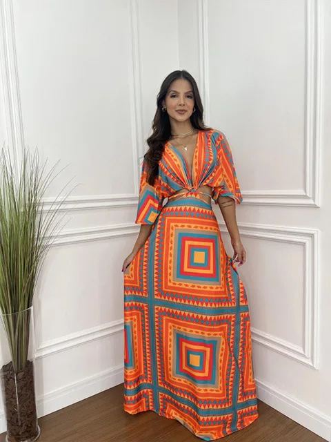 Summer Fashion Sexy Deep V Neck Hollow Out Dress Casual Loose Hem Damska sukienka plażowa Boho Vintage Print Krótki rękaw Długa sukienka