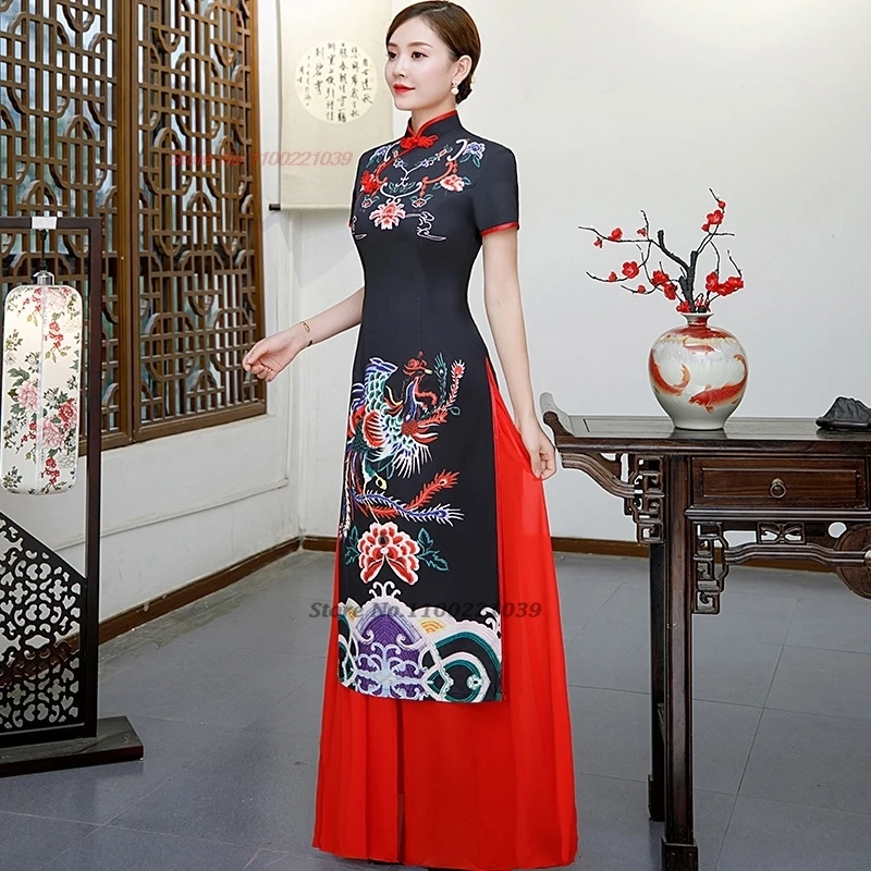 Robe chinoise qipao améliorée, vintage, imprimé phénix, vietnam ao dai, robe de soirée élégante, robe de banquet orientale, 2025