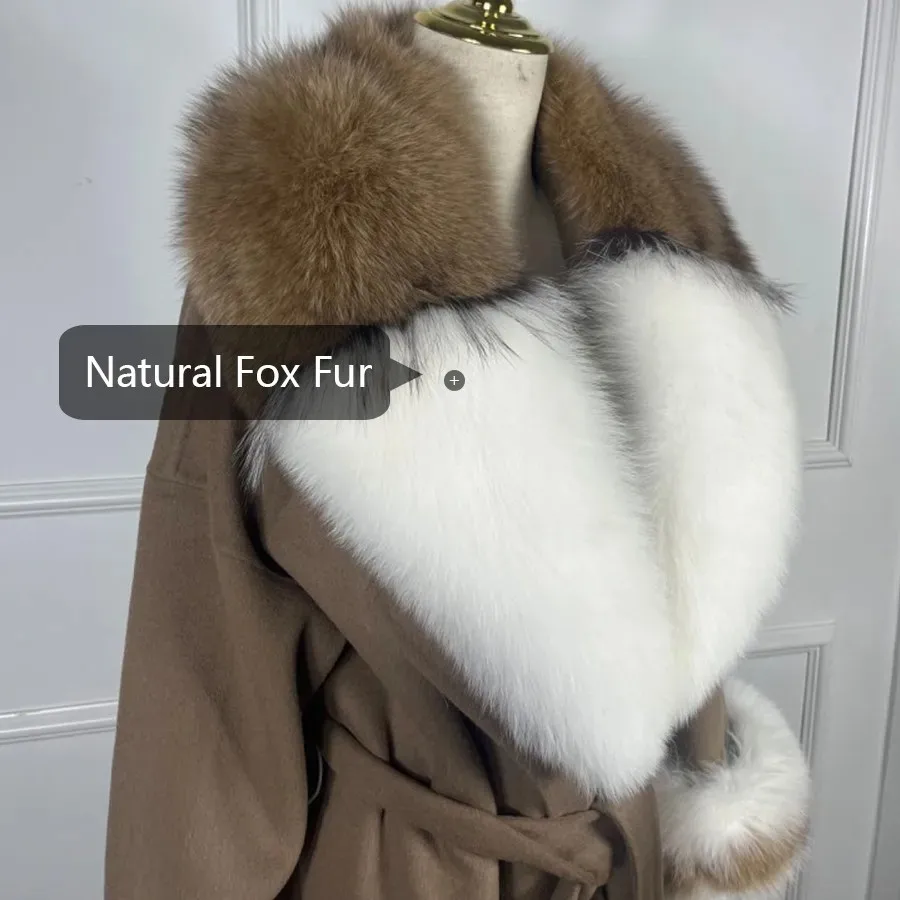 Cappotto da donna in lana di cashmere Polsini con collo in vera pelliccia di volpe Cappotto di pelliccia invernale caldo Pelliccia naturale di alta