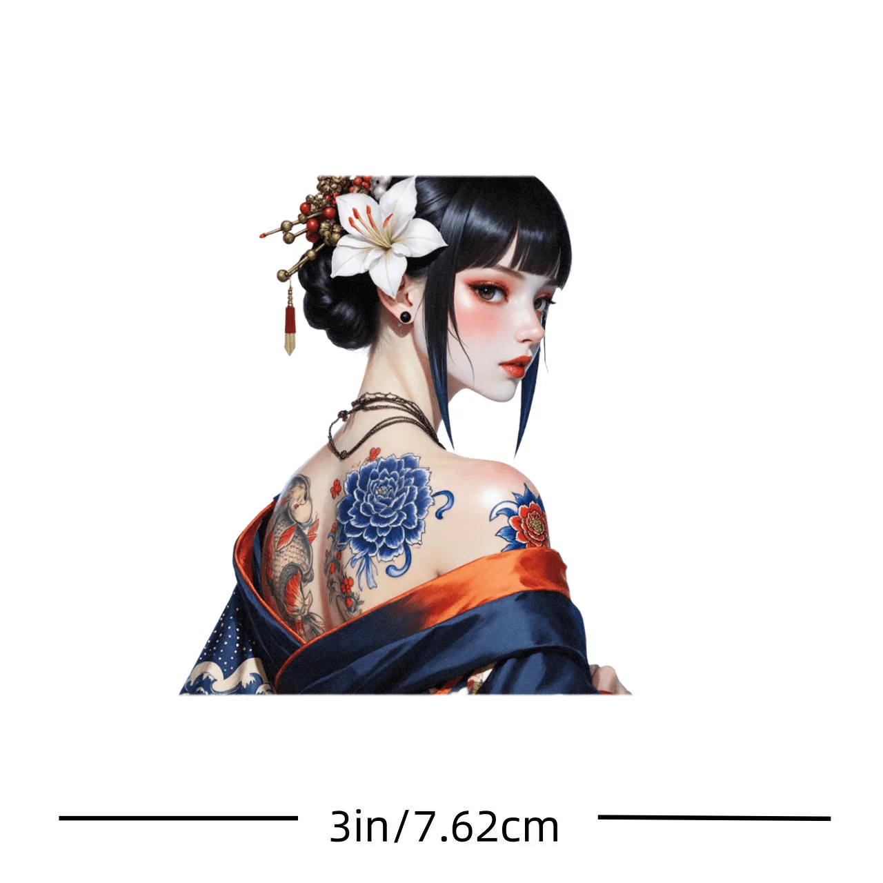1Pc Japanese Geisha Koi Blue Peony Tattoo Art Sticker Traditional Wabori Vinyl Decal for Laptop Phone Water Bottle Notebook