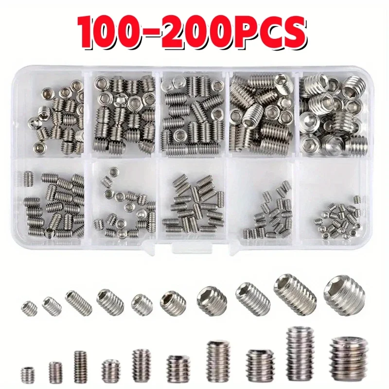 Socket Head Hex Set Screw Assortment Kit Grub Screw Cup- Metric 304 Stainless Steel M3 M4 M5 M6 M8 Cup Point Grub Screw Set