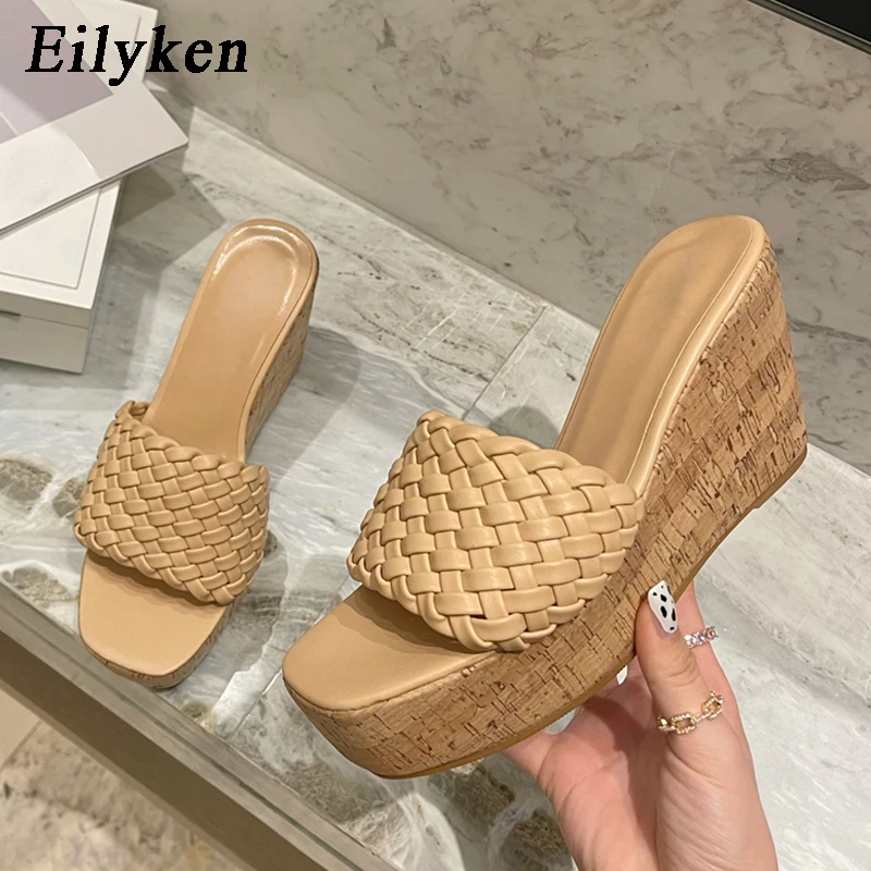 Eilyken New Wedges Weave Women Slippers Summer Super High Heels Shoes Sexy Platform Open Toe Wood Grain Ladies Sandals