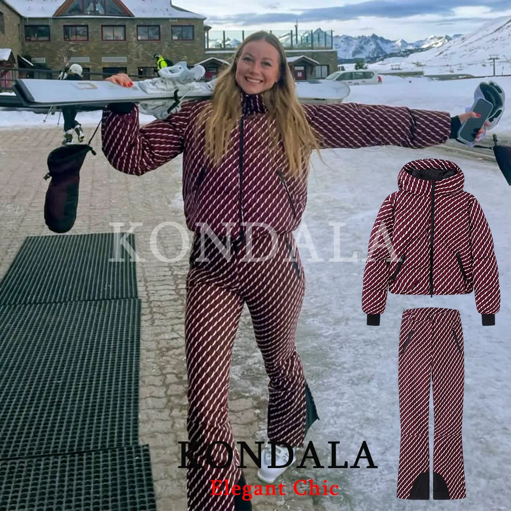 KONDALA Women Trendy Ski Pants Set Zipper Pockets Hooded Slim Jacket Long Pants Fashion 2026 Spring Skiing Sports Lady Ski Set