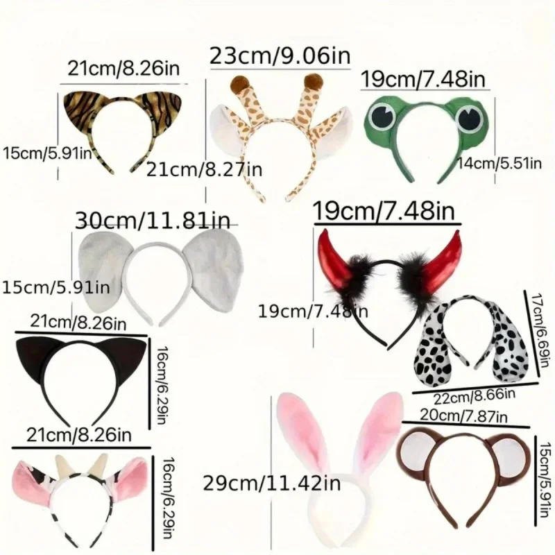 

6pcs Animal Ear Headbands for Adults - Tiger, Cow, Giraffe, Elephant Soft Plush Party Costume Accessories with Pastel Roleplay