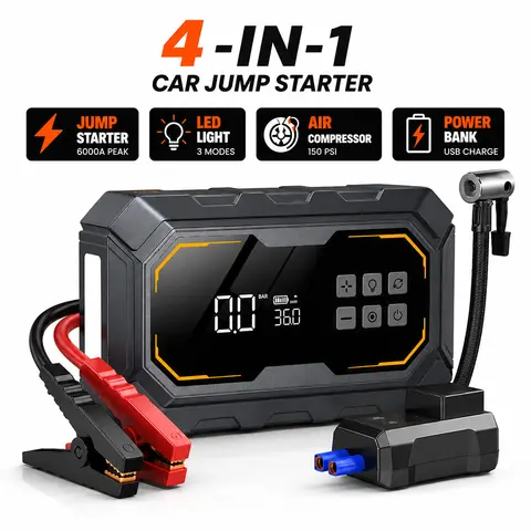Vyvylabs Car Jump Starter with Air Compressor 150PSI Tire Inflator 4In 1 Emergency Battery Starter Power Bank LED Flashlight 12V