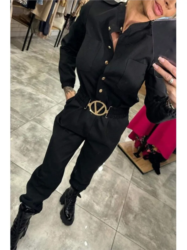 Fashion Streetwear Solid Jumpsuit For Women Casual Long Sleeve Button Sashes High Waist Jumpsuits Women Clubwear Womens Clothing