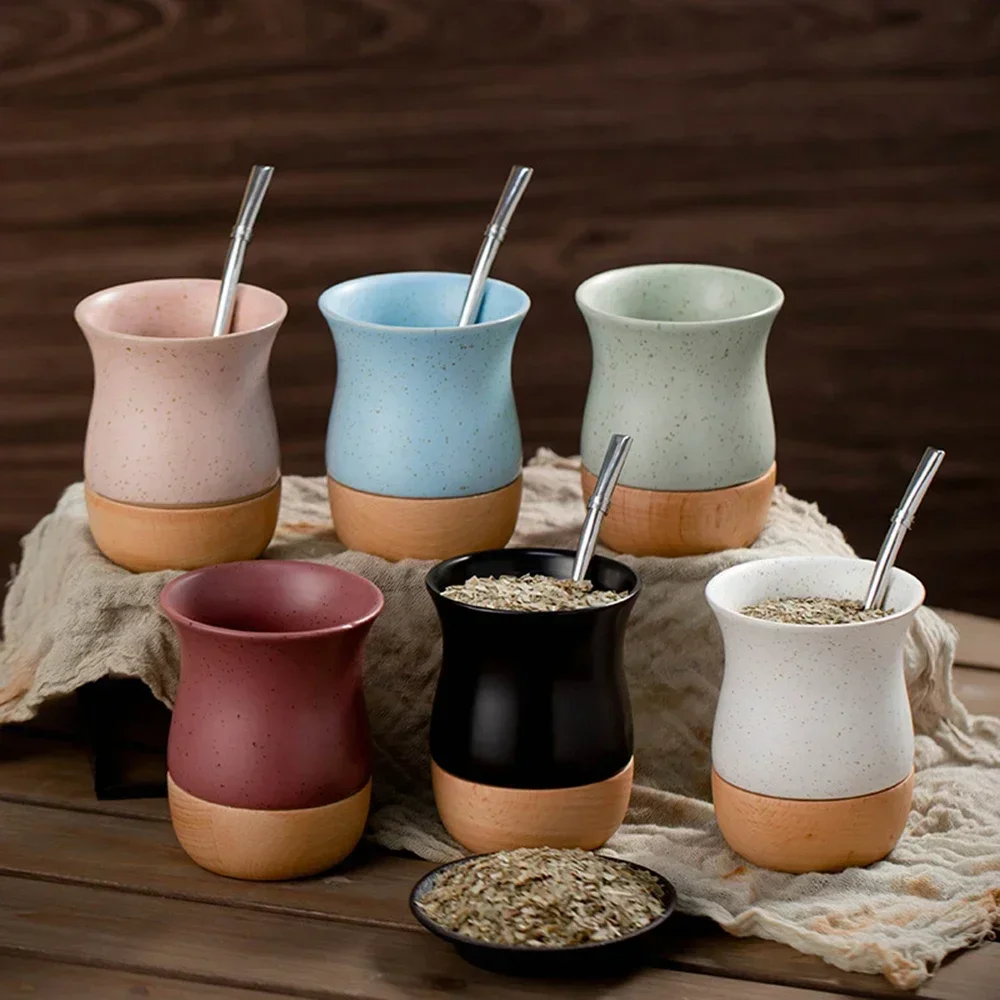 260ml Creative Yerba Mate Cup for Drinkware Gifts Stainless Steel Ceramic Coffee Mugs Straw Spoon Wood Base Milk Water Tea Cup