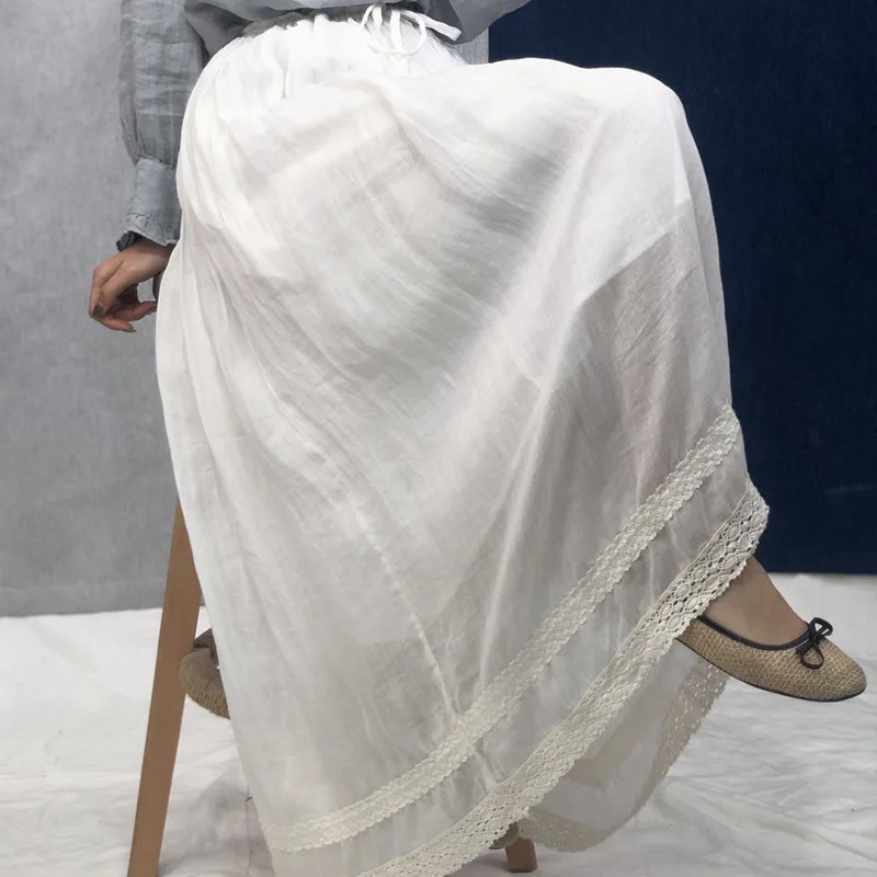 Arts Style 25 New Arrival Summer Women Loose Casual Lace Patchwork A-line Skirt Top Quality Cotton Linen Ankle-length Skirts Y91