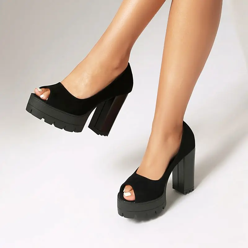 REAVE CAT Black Sexy Female Sandals Peep Toe 11cm Block Heel 3.5cm Platform Slip On Dating Party Shoes Extended Size 43 44 45 46 - view 3