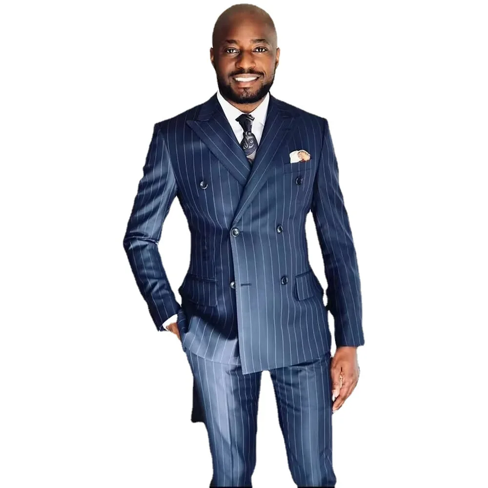 Men's Two-piece Set Groom Wedding Banquet Plus Size Striped Double Breasted Suit Men
