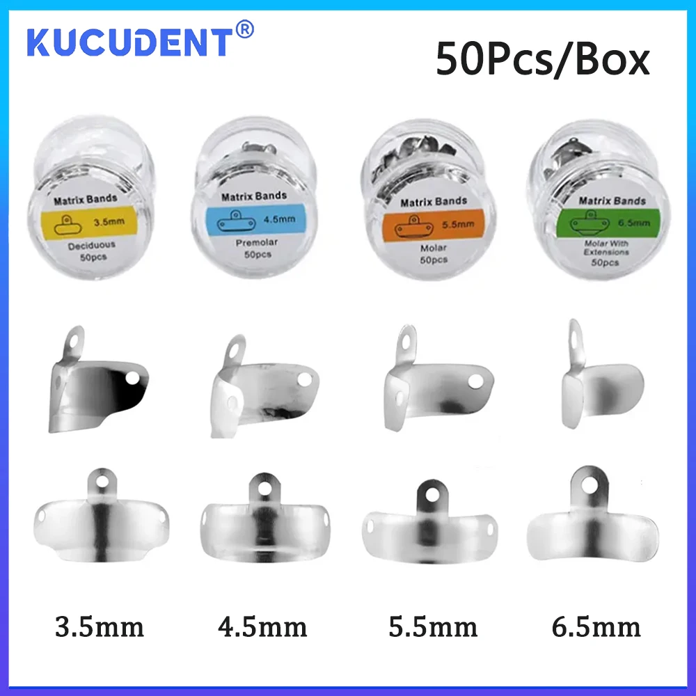 

50 Pcs Dental Matrix Bands Sectional Contoured Metal Matrices 3.5/4.5/5.5/6.5mm For Teeth Molar Replacement Dentistry Materials