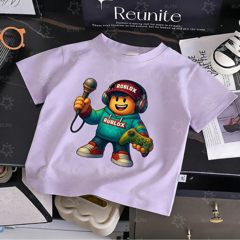 Camiseta Infantil Inspirada no Roblox com Estampa de Microfone e Controle de Jogo, Perfeita para Amantes de Jogos e Diversão