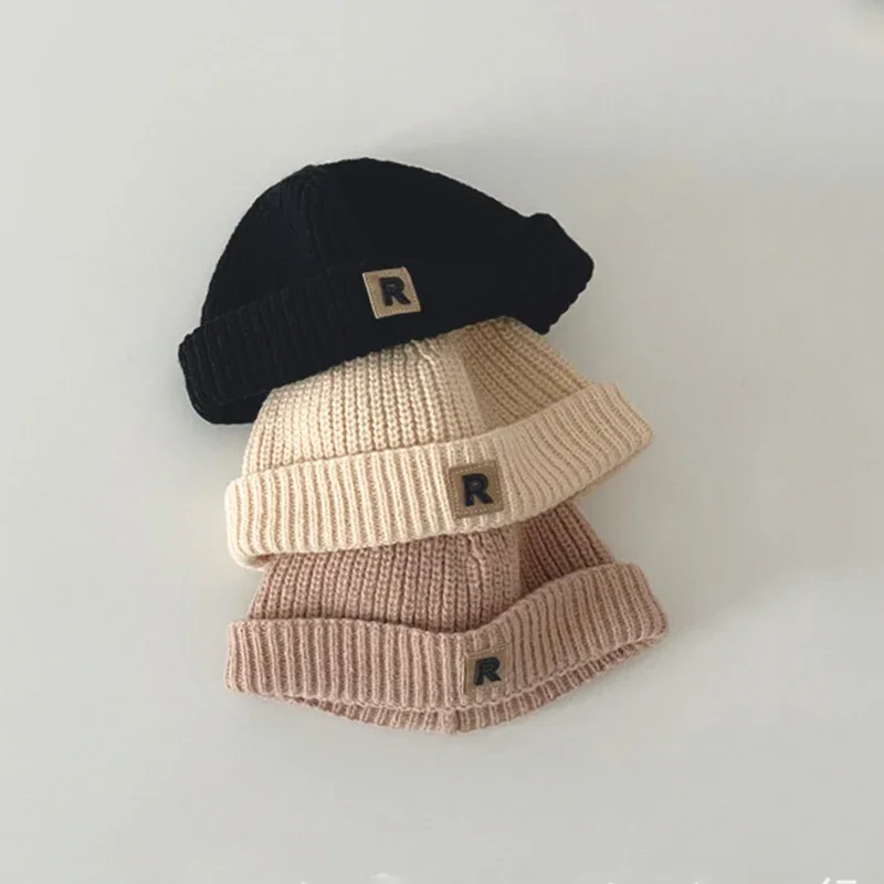 Solid Color Letter Baby Knit Hat Winter Warm Boy Girl Knitted Cap 0-5year Kids Vintage Dome Brimless Docker Cap