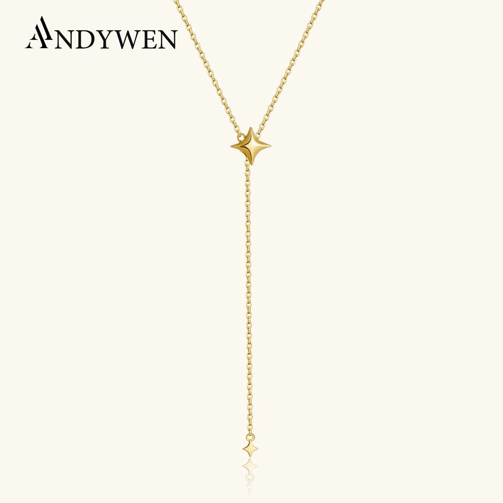 

ANDYWEN 925 Sterling Silver Star Pendant Y-Shaped Adjustable Necklace Pulling Silica Stopper Sliding Trendy Fine Gift for Women