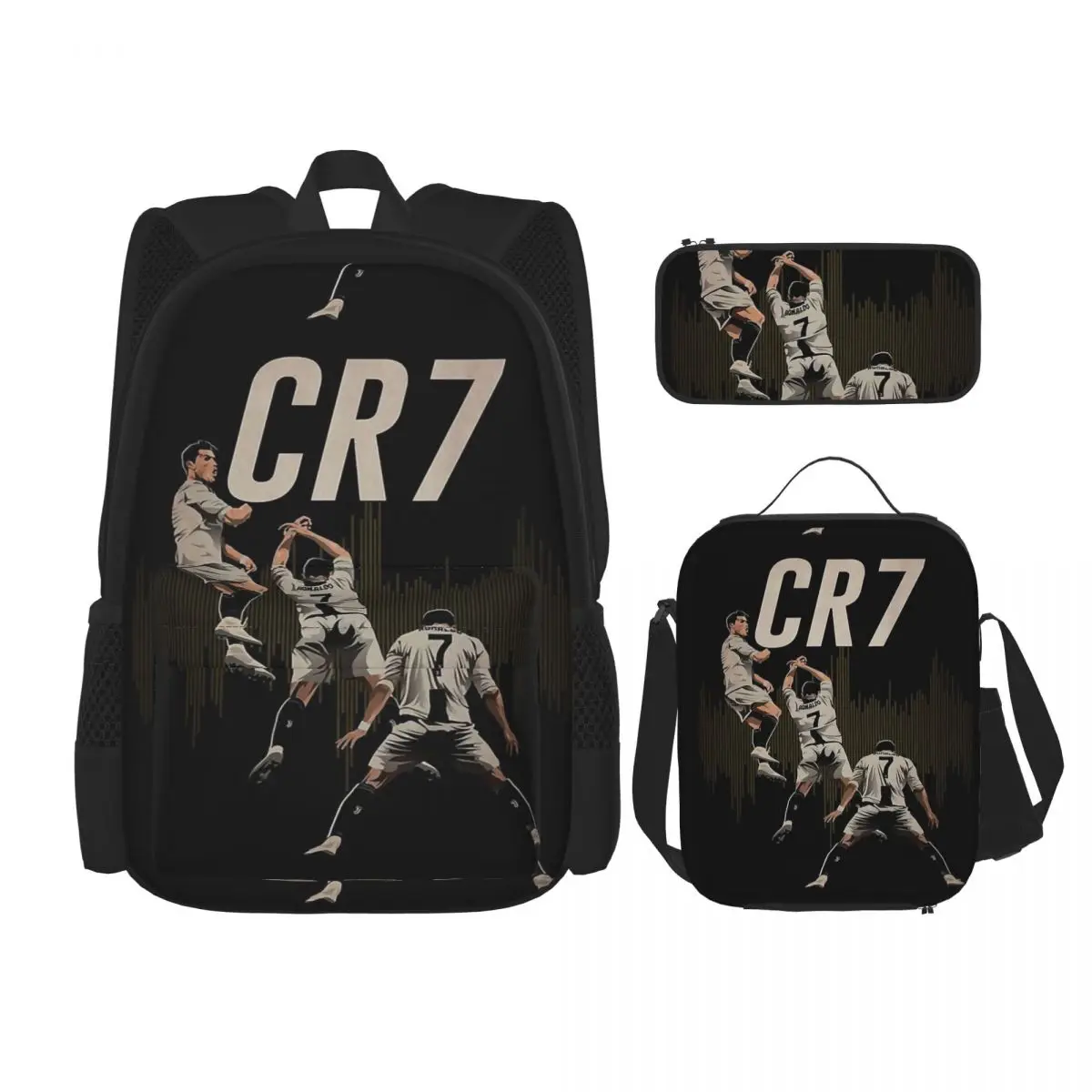 Mochilas Cristiano Ronaldo Cr7, mochila para niños y niñas, mochilas escolares para estudiantes, mochila para niños de dibujos animados, bolsa de almuerzo, bolsa para bolígrafos, conjunto de tres piezas